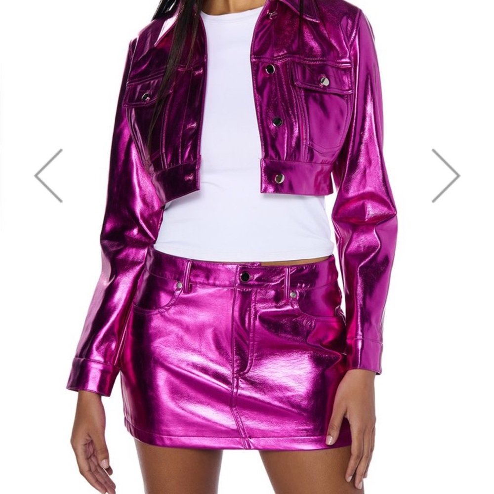 2 piece metalic pink skirt set with blazer